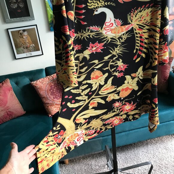 LILY by Firmiana size L Colorful Asian Bird Print Stretch Jersey A-Line Tunic - Picture 4 of 5